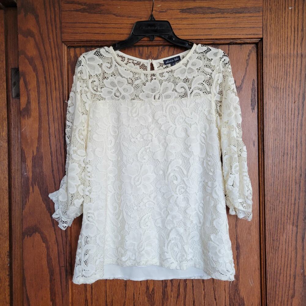 OLIVIA BLU Floral Lace Blouse Womens Large Cream 3/4 Sleeve‎ Scrunched Lining